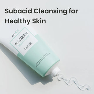 Heimish All Clean Green Cleansing Foam 150g bottle, showing the green packaging and foam lather in a close-up shot.