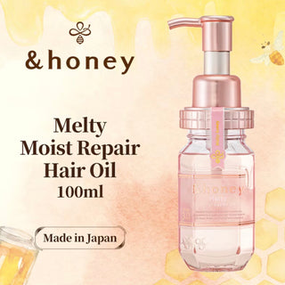 &HONEY Vicrea Melty Moist Repair Hair Oil bottle with pump dispenser, showcasing smooth, shiny hair and nourishing formula.