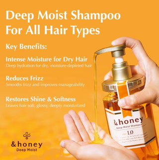 Bottle of &HONEY Vicrea Deep Moist Shampoo showing the product label and packaging for nourishing hair care.