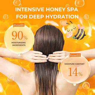 &HONEY Vicrea Deep Moist Shampoo bottle with label, showcasing shiny, healthy hair in a bright, natural setting.