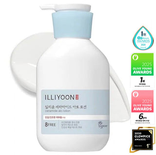 Illiyoon Ceramide Ato Lotion 350mL bottle showing the moisturizing lotion with a pump dispenser and clean white packaging.