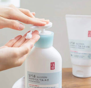 Illiyoon Ceramide Ato Lotion 350mL bottle, moisturizing skincare product with a white pump dispenser and blue accents.