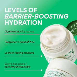Innisfree Green Tea Seed Hyaluronic Acid Cream in 50mL jar, featuring a green tea-themed design and smooth cream texture.