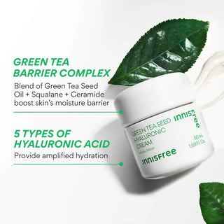 Innisfree Green Tea Seed Hyaluronic Acid Cream 50mL jar, moisturizing cream with green tea and hyaluronic acid for smooth skin