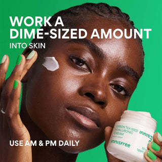 Innisfree Green Tea Seed Hyaluronic Acid Cream 50mL jar with green tea imagery and product label visible.