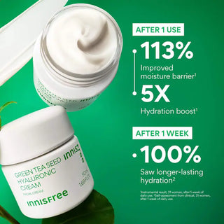 Innisfree Green Tea Seed Hyaluronic Acid Cream 50mL jar showing the light green cream inside the open container.