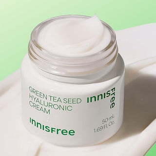 Innisfree Green Tea Seed Hyaluronic Acid Cream in 50mL jar, showcasing the green tea-themed packaging and creamy texture.