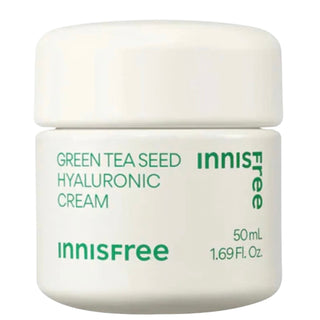 Innisfree Green Tea Seed Hyaluronic Acid Cream in 50mL jar, moisturizing skincare product with green tea and hyaluronic acid for hydrated skin.