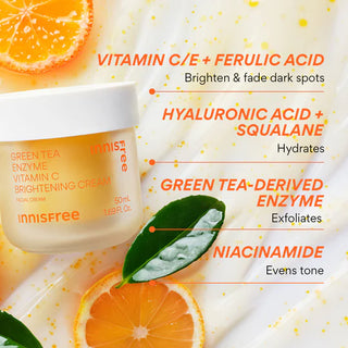 Innisfree Vita C Green Tea Enzyme Brightening Gel Cream in a 50mL jar, featuring green tea and vitamin C for radiant skin.