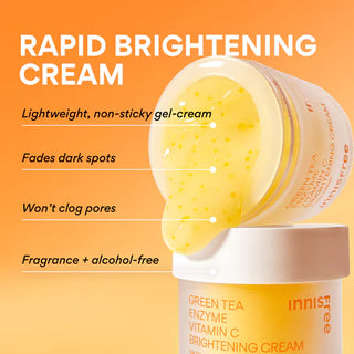Innisfree Vita C Green Tea enzyme brightening gel cream jar, showing the green tea-themed packaging and product texture