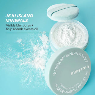 Innisfree No Sebum Mineral Powder in 5g container, loose face powder for oil control and a matte finish