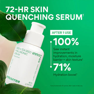 Innisfree Green Tea Seed Hyaluronic Acid Serum bottle, 80mL, featuring green tea leaves and serum texture in clear packaging.