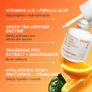Innisfree Vita C Green Tea Enzyme Brightening Serum 30mL in a clear glass bottle with a green cap and label, showcasing the product.