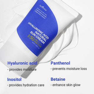 ISNTREE Natural Sun Cream SPF 55 sunscreen with hydrating hyaluronic acid, 50mL bottle, suitable for daily sun protection.