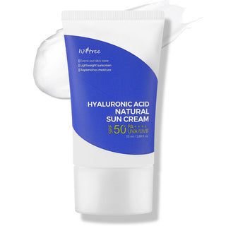 ISNTREE Natural Sun Cream SPF 50 sunscreen bottle with hyaluronic acid for hydrating sun protection.