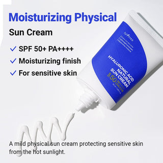 ISNTREE Natural Sun Cream SPF 50 with hyaluronic acid, 50mL, showing the sunscreen tube with product branding and sun protection label.