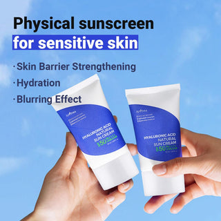 ISNTREE Natural Sun Cream SPF 50 in 50mL bottle, featuring hyaluronic acid for hydration and sun protection.