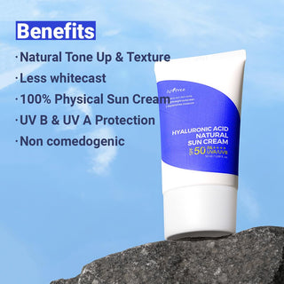 Isntree Natural Sun Cream SPF 50 with hydrating hyaluronic acid in a 50mL tube, protecting skin from sun damage