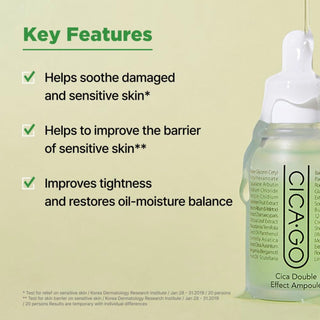 ISOI Cicago Cica Double Effect Ampoule 30mL bottle with clear glass container and white dropper cap, showcasing the skincare product.