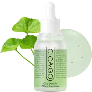 ISOI Cicago Cica Double Effect Ampoule 30mL, clear glass bottle with dropper, showcasing the skincare product for soothing and repairing skin.