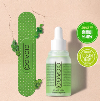ISOI Cicago Cica Double Effect Ampoule 30mL in a clear glass bottle with dropper for skincare treatment.