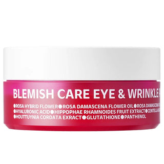 ISOI Blemish Care Eye & Wrinkle Patch shown on a woman's under-eye area, designed to reduce puffiness and fine lines.