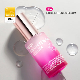ISOI Brightening Serum 35mL bottle with clear dropper, featuring sleek design and product label, on a neutral background.