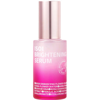 ISOI Brightening Serum 35mL bottle with pump dispenser, clear glass packaging, and white label showing product details.
