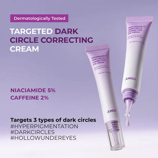 JUMISO Niacinamide 5+ Dark Circle Correcting Eye Cream in 15ml tube, featuring smooth application and brightening formula for under-eye area.