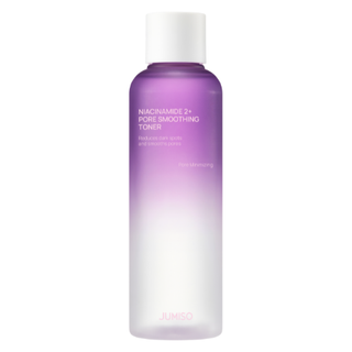 JUMISO Niacinamide 2+ pore smoothing toner bottle, 205ml, clear liquid with white cap, skincare product for enlarged pores.