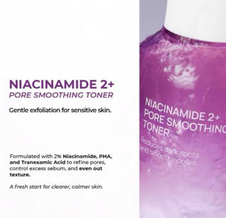 JUMISO Niacinamide 2+ pore smoothing toner bottle, 205ml, showing the product label and clear liquid inside.