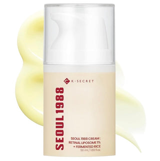 KSECRET Seoul 1988 Cream with Retinal Liposome 1% and Fermented Rice in a 50mL jar, showing smooth, creamy skincare texture.