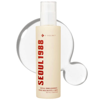 KSECRET Seoul 1988 Essence with snail mucin 97% and rice, 100ml bottle showcasing the essence product with a clear label and packaging
