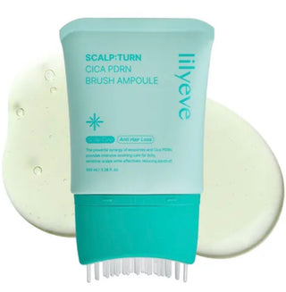 Lilyeve Scalp Turn Cica PDRN Brush Ampoule 100ml bottle with a sleek label and applicator brush for scalp skincare.