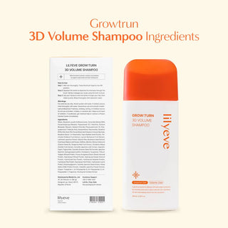Lilyeve Grow Turn 3D Volume Shampoo 200ml bottle with purple and white packaging, showcasing the shampoo's label and design.