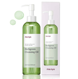 Ma:nyo Herb Green Cleansing Oil bottle with green label and pump dispenser, 200mL size, natural herbal skincare product.