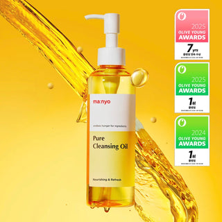 ma:nyo Pure Cleansing Oil 200ml bottle with pump dispenser, clear label, and white cap, for gentle facial cleansing.