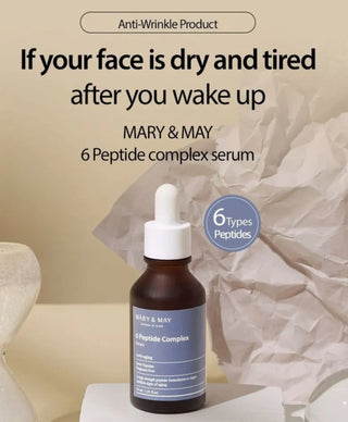 Mary&May 6 Peptide Complex Serum in a clear bottle, featuring a pump dispenser, designed for skincare and anti-aging benefits.