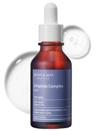 Mary&May 6 Peptide Complex Serum bottle, clear glass container with dropper cap, showcasing the serum's packaging and branding.