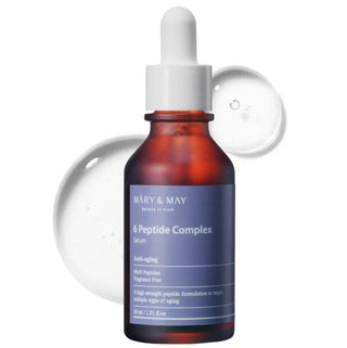 Mary&May 6 Peptide Complex Serum in a sleek bottle, showing the serum's smooth texture and elegant packaging.