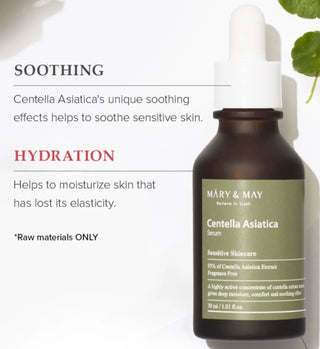 Mary&May Centella Asiatica Serum bottle with dropper, clear glass container showcasing the serum's natural ingredients.