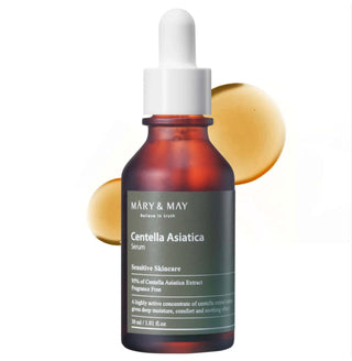 Mary&May Centella Asiatica Serum in a glass bottle with dropper, featuring a clean, minimalist label for skincare.