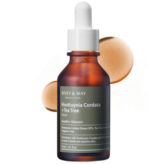 Mary&May Houttuynia Cordata + Tea Tree Serum in a glass bottle, highlighting natural ingredients and serum texture.