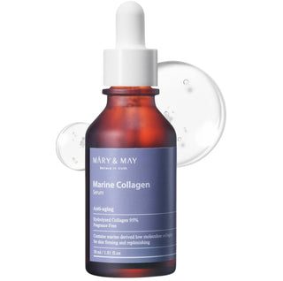 Mary&May Marine Collagen Serum in a sleek glass bottle, showcasing the elegant packaging of the skincare serum.