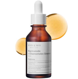 Mary&May Niacinamide and Chaenomeles Sinensis serum in a glass bottle, highlighting the serum's clear, lightweight texture and pump dispenser.