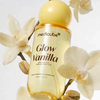 Medicube Vanilla Hair and Body Fragrance Mist bottle with a white cap, 100mL size, featuring a sleek design and vanilla scent.