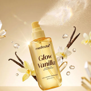 Medicube Vanilla Hair and Body Fragrance Mist 100mL bottle with a sleek design and vanilla scent, perfect for refreshing hair and skin.
