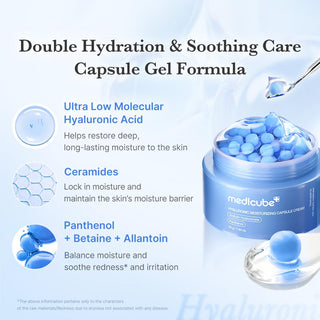Medicube Hyaluronic Moisturizing Capsule Cream in a 50g jar, showcasing the luxurious cream packaging with a smooth, hydrating texture.