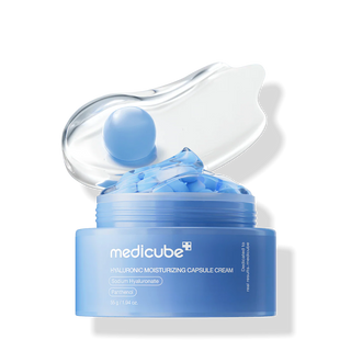 Medicure Hyaluronic Moisturizing Capsule Cream 50g jar showing the cream's packaging and a smooth, hydrating cream texture inside