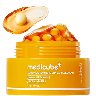 Medicube Kojic Acid Turmeric Vita Capsule Cream in 53g jar, showcasing the creamy texture and product packaging.